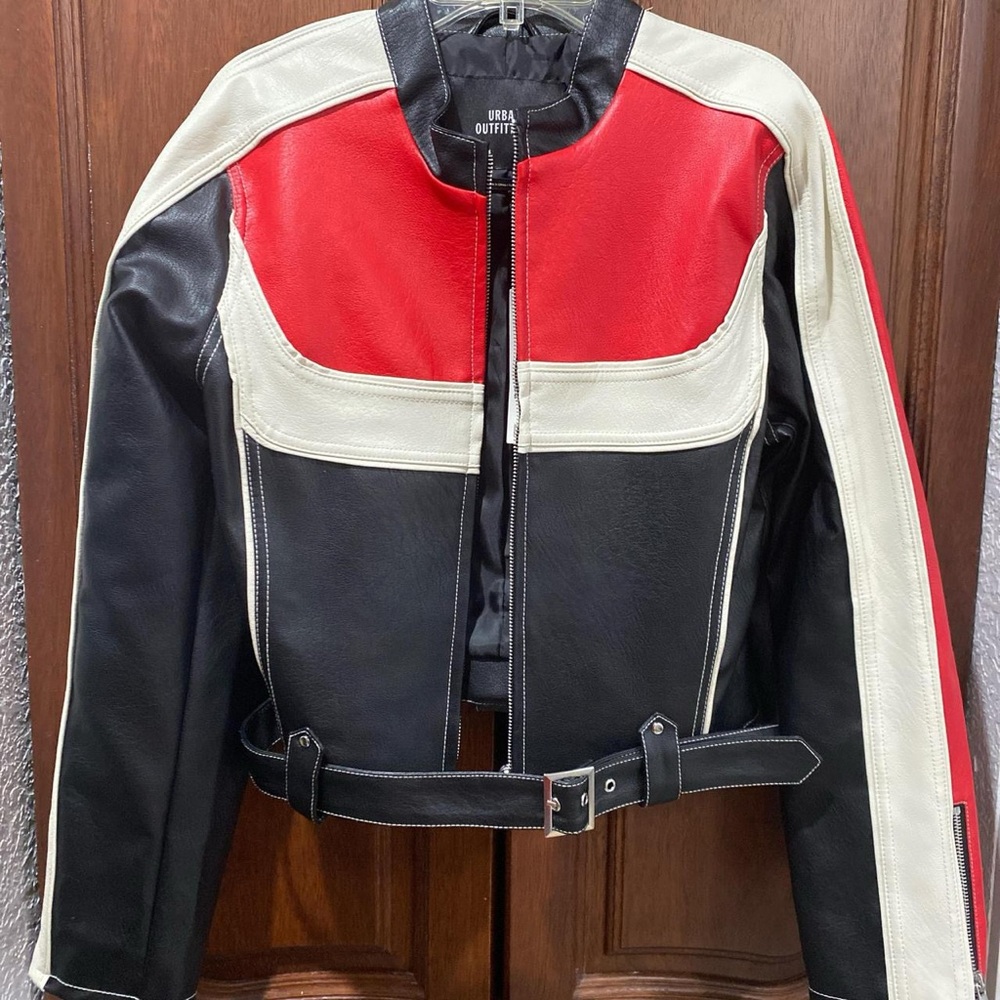Urban Outfitters Jordan Faux Leather Jacket Red and Black with Color-Blocking